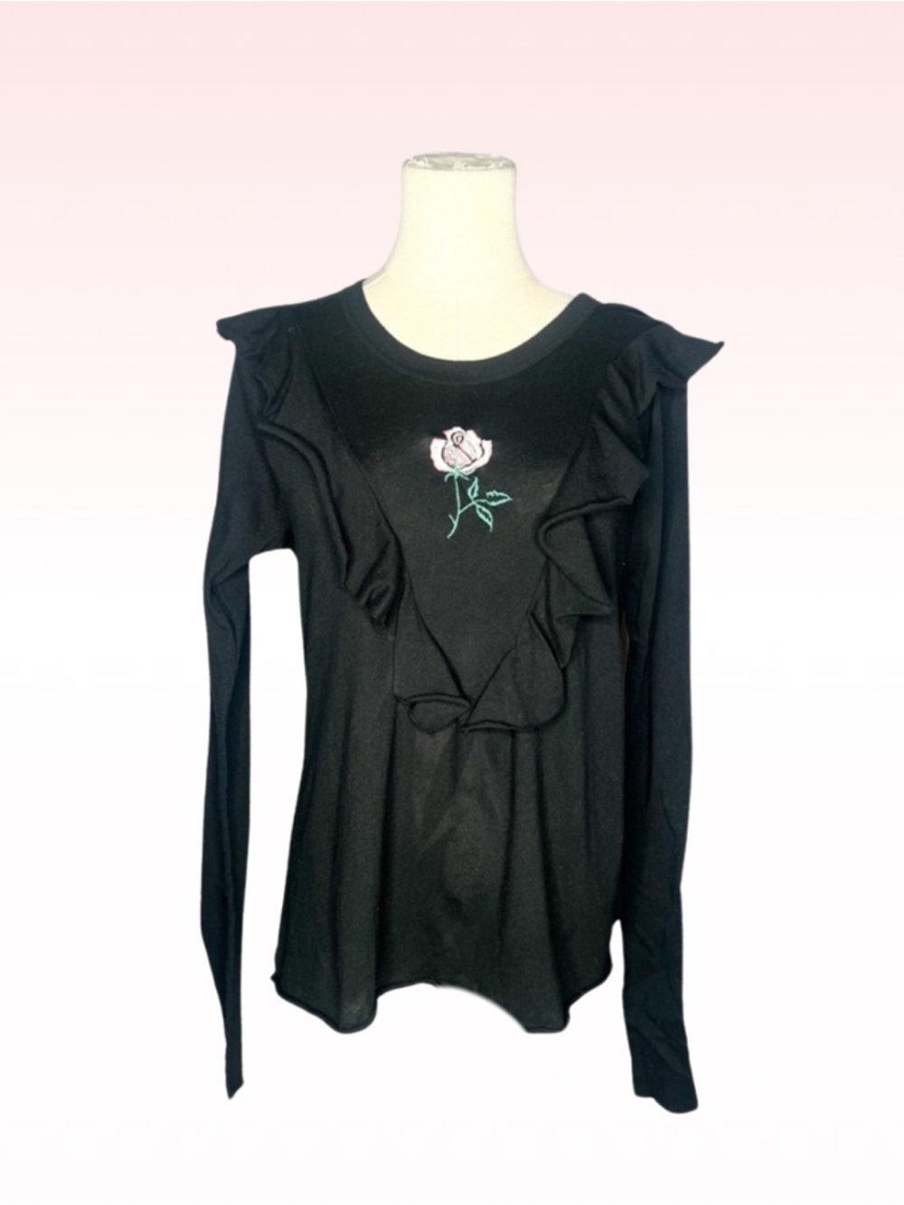 WILDFOX Rose Embroidered Ruffle Black Top (Sz S)